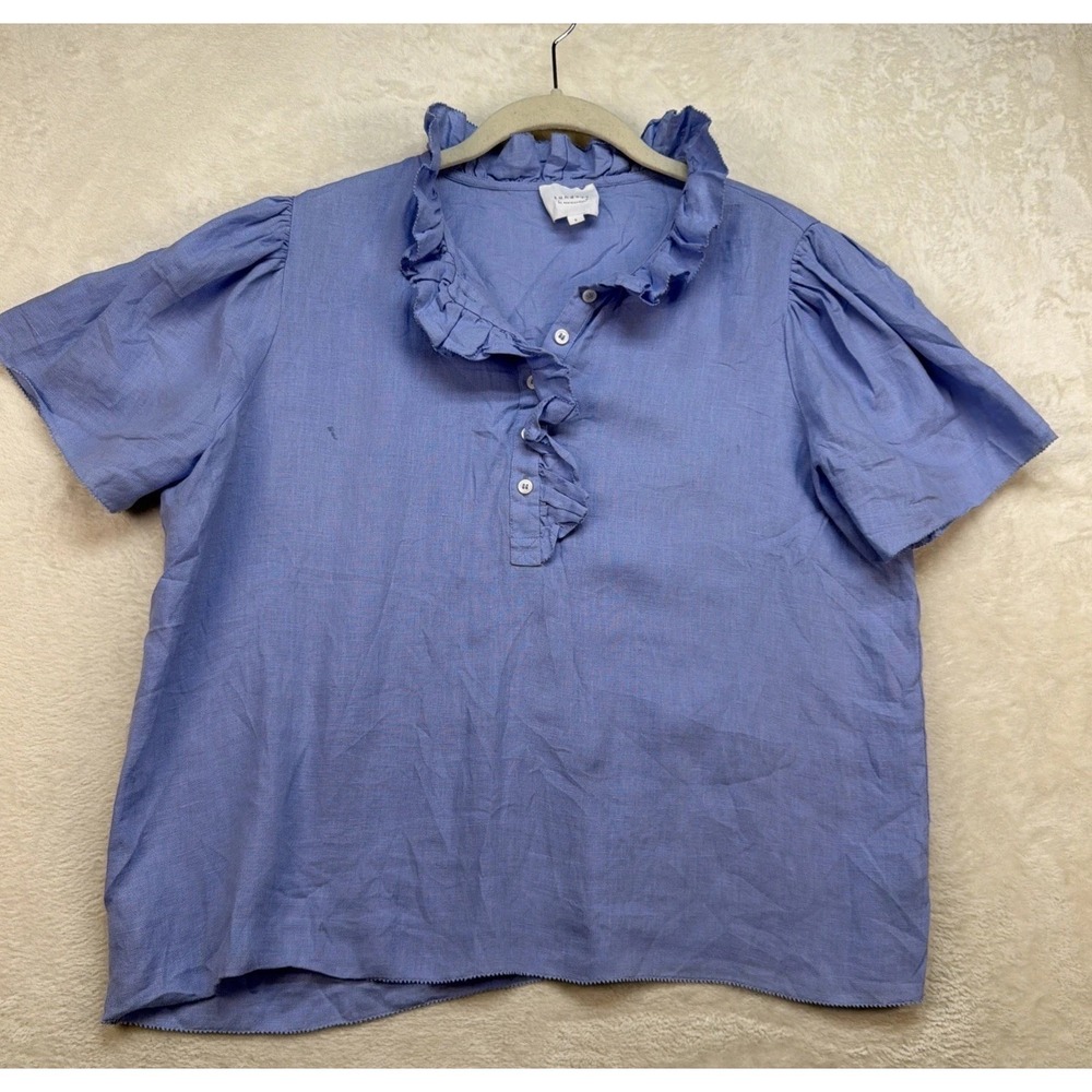 Sundays Blue Linen Ruffle Peasant Top Boho Blouse Short Sleeve Womens Small